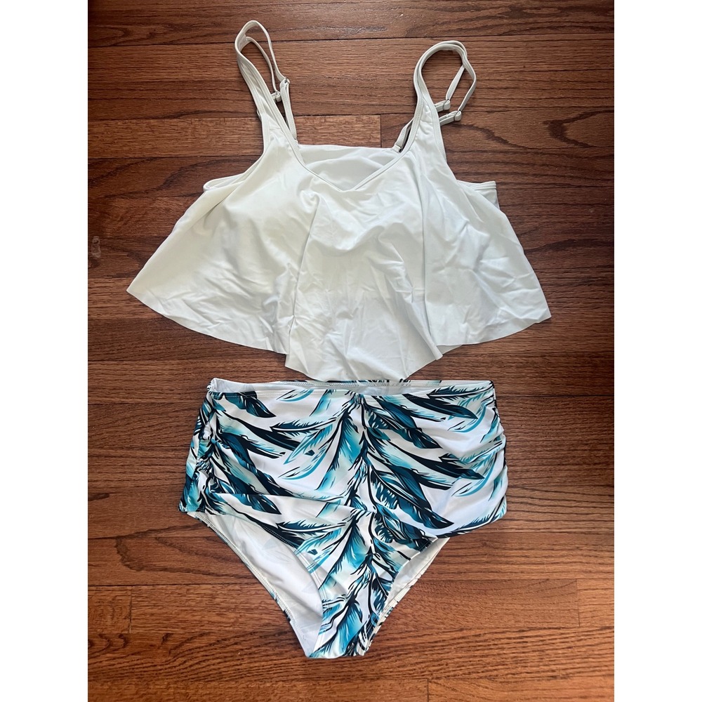 Boutique Tankini Swimsuit Women XL White Blue Excellent Floral Ruffle High Waist